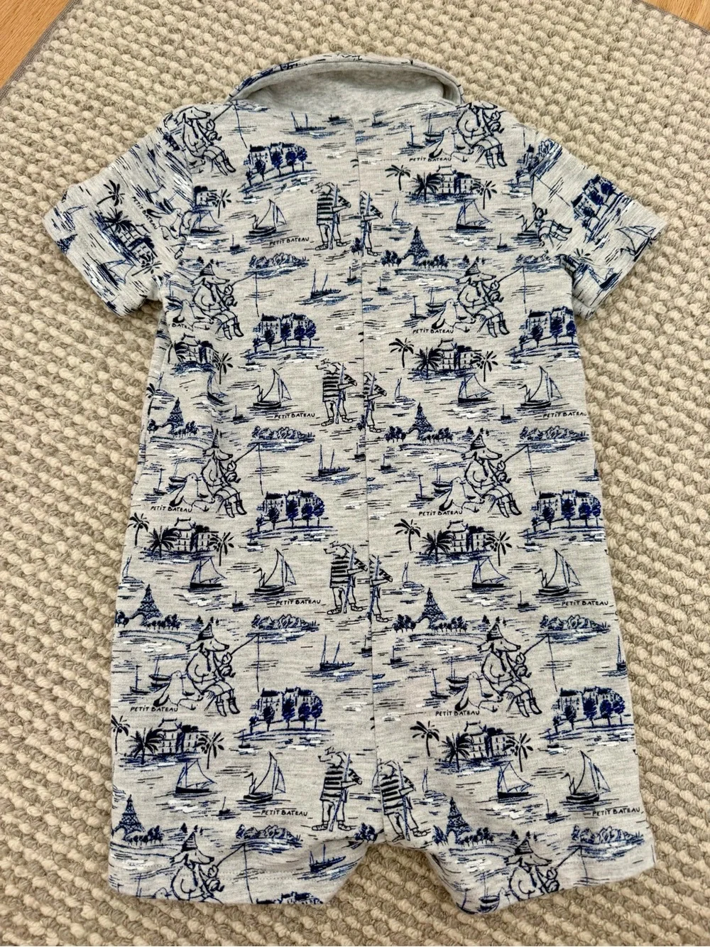 Petit Bateau Blue, Gray and White Nautical Print Short-Sleeved Romper 18 months